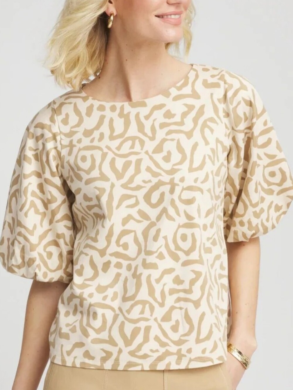 Chico's Animal Print Bubble Sleeve Top In Cream And Tan